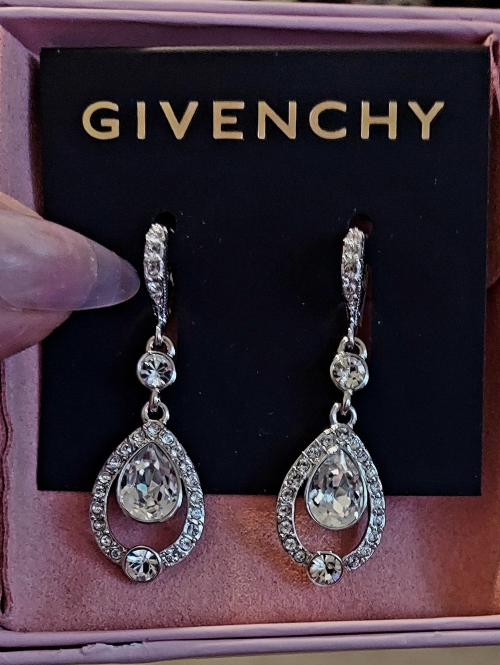 Givenchy Silver Crystal Teardrop Dangle Earrings